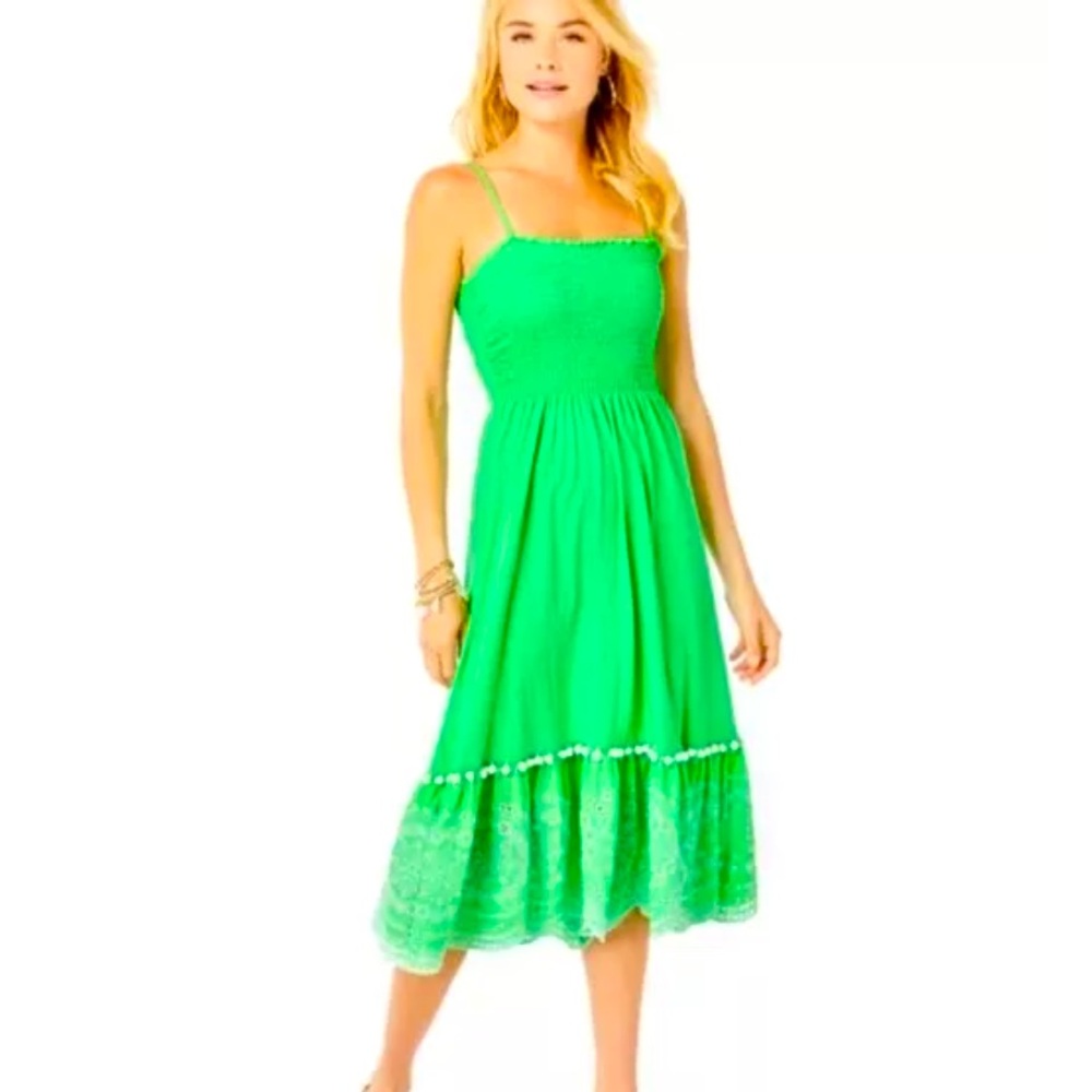 Lilly Pulitzer Modesto smocked cabana green eyelet skirted midi dress